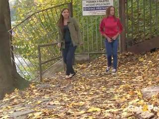 Brunette Friends Piss Together by River, dirty video b0
